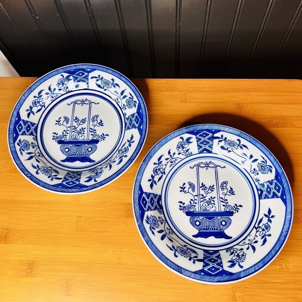Set of 2 Rare Chinese Exported Vintage Antique Blue and White Deep Plate Bowl 9”